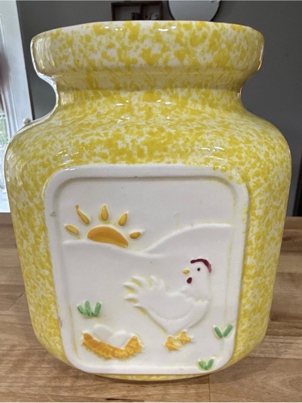 Vintage Yellow and White Speckled Ceramic Canister with Chicken Farmhouse design